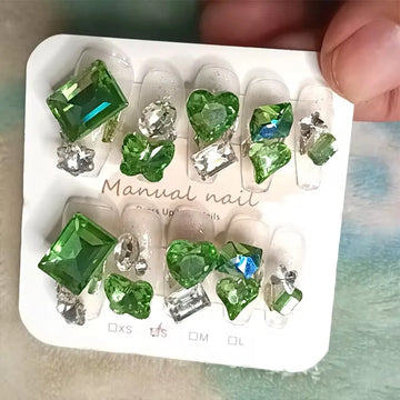 Qfdian 10pcs High Quality Handmade Press on Nails BLingBLing Green Starry Sky Shining Eyes Nail Equipment Nails for Kids Girl